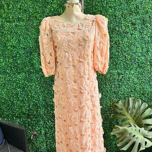 Vintage Peach Richilene Embroidered Lace Balloon Sleeve Dress